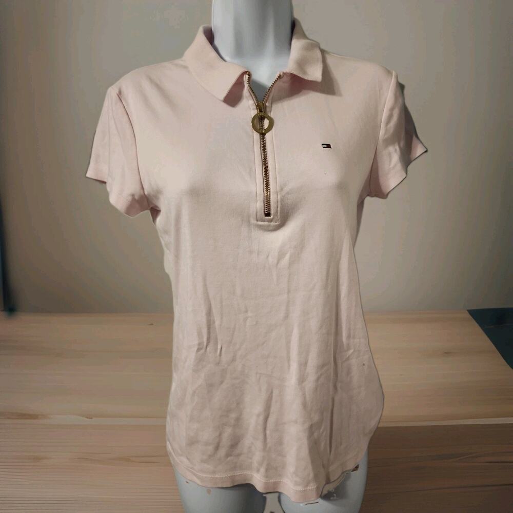Tommy Hilfiger Womens Medium Light Pink Half Zip Polo Shirt Slim Fit Flag Logo M